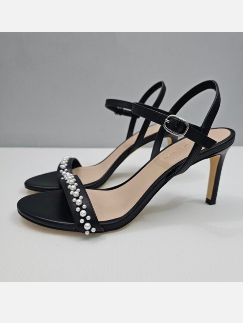 Stuart Weitzman Dancer 75 Black Leather Pearl Stiletto Sandals Womens 9 Evening